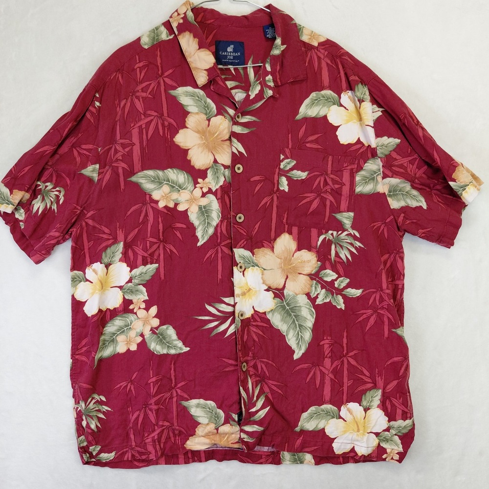 Caribbean Joe Mens XL Burgundy Red Floral Bamboo Tropical Cotton Rayon Shirt